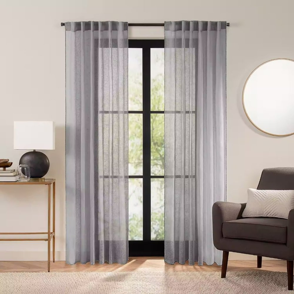 Fieldcrest Luxury Linen Border Stripe Sheer Rod Pocket Back Tab Single Curtain